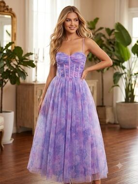 FAERIESTY Purple Tie-Dye Corset Tulle Midi Dress - Size S